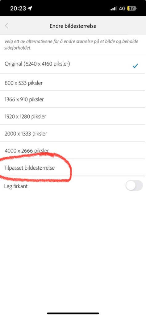 Velg tilpasset bildestørrelse