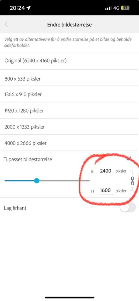 Skriv inn ønsket størrelse, i dette tilfellet ønsket jeg 2400 pixler på lengste side. Trykk tilbake knappen